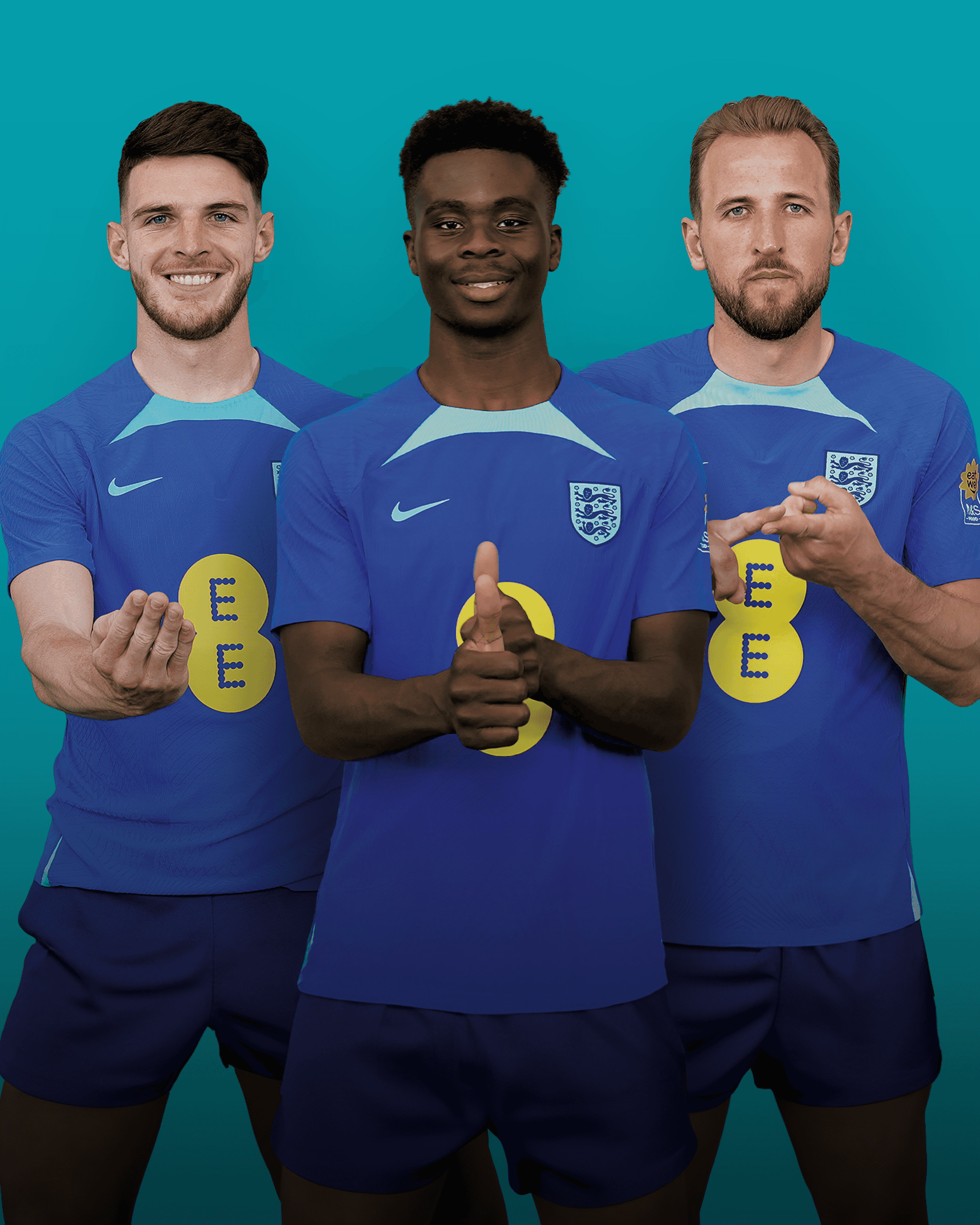Declan Rice, Bukayo Saka and Harry Kane